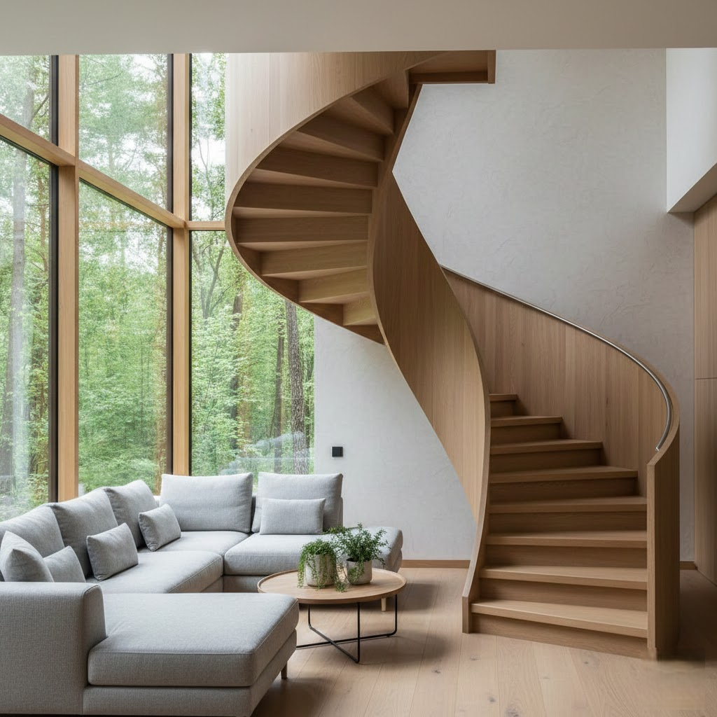 Erdvės taupymo menas: sraigtiniai laiptai kaip pagrindinis namų interjero akcentas